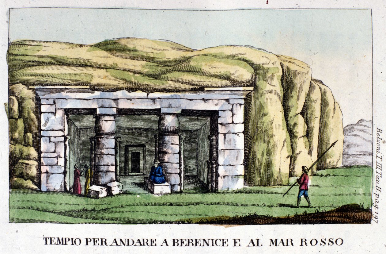 Kilátás a templomra, amely a mai Bengázi és a Vörös-tenger felé vezető úton fekszik Berenice felé. A szerző, Giovanni Battista (Gianbattista) Belzoni (1778-1823) olasz felfedező és régész, aki fontos régészeti felfedezéseket tett Egyiptomban. Gravírozás alkotó: Italian School