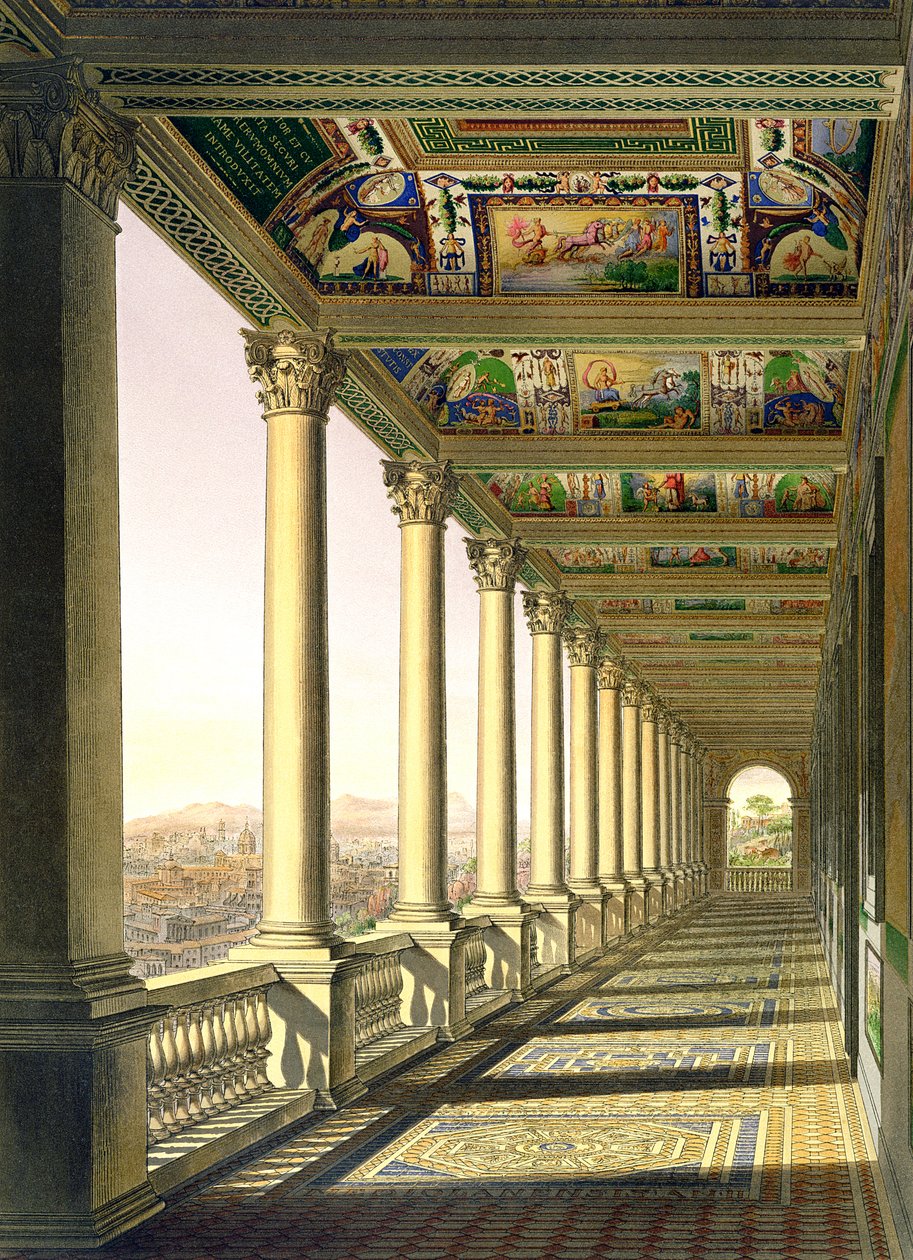 Kilátás a harmadik emeleti loggiára a Vatikánban, Raphael díszítésével, a Delle Loggie di Rafaele nel Vaticano-ból, 1814-es kiadásban ömlesztett levélként (kézzel színezett metszet) alkotó: Italian School