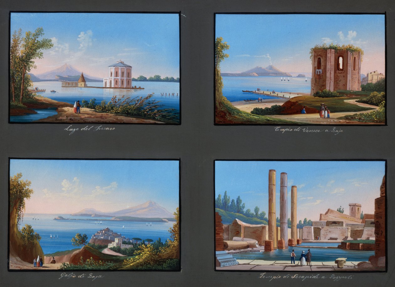 Kilátás a Phlegraean mezőkre: Fusaro-tó, Vénusz temploma Baján, Bajai-öböl, Serapis temploma Pozzuoliban (guache) alkotó: Italian School