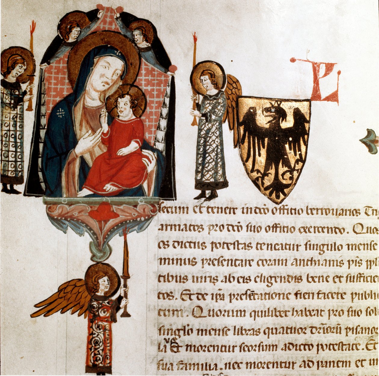 Szűz és gyermek részlet. Miniatűr a „Breve Populi et Compagniarum Pisani Communis”-ból” (Pisa város alapszabálya) 1300-1308 Pisa Szoborarchívum alkotó: Italian School