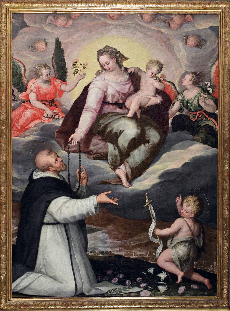 Szűz átadja a rózsafüzért a Szent Domonkos névtelen 1650 körüli milánói festménynek, a Santa Maria delle Grazie-bazilikának alkotó: Italian School