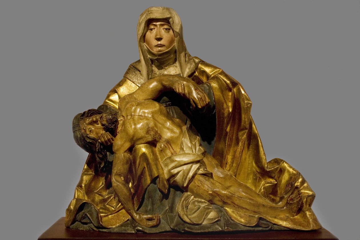 Krisztusnak irgalmas Szűzanya, aki 1510-1520 körül halt meg, Dél-Tirol régiójában, a Musee Bonnat de Bayonne-ban őrzött predelle-szobor festett és dore fából. Selva fotózás, 2008. alkotó: Italian School