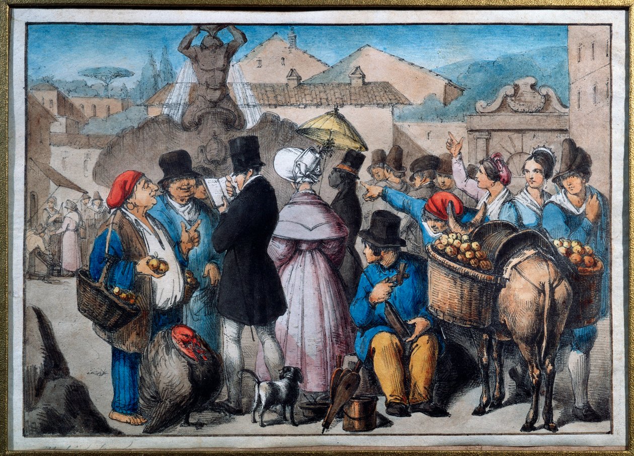 Sétáló jelenet Rómában A 19. századi Róma akvarellje, museo del folklore alkotó: Italian School