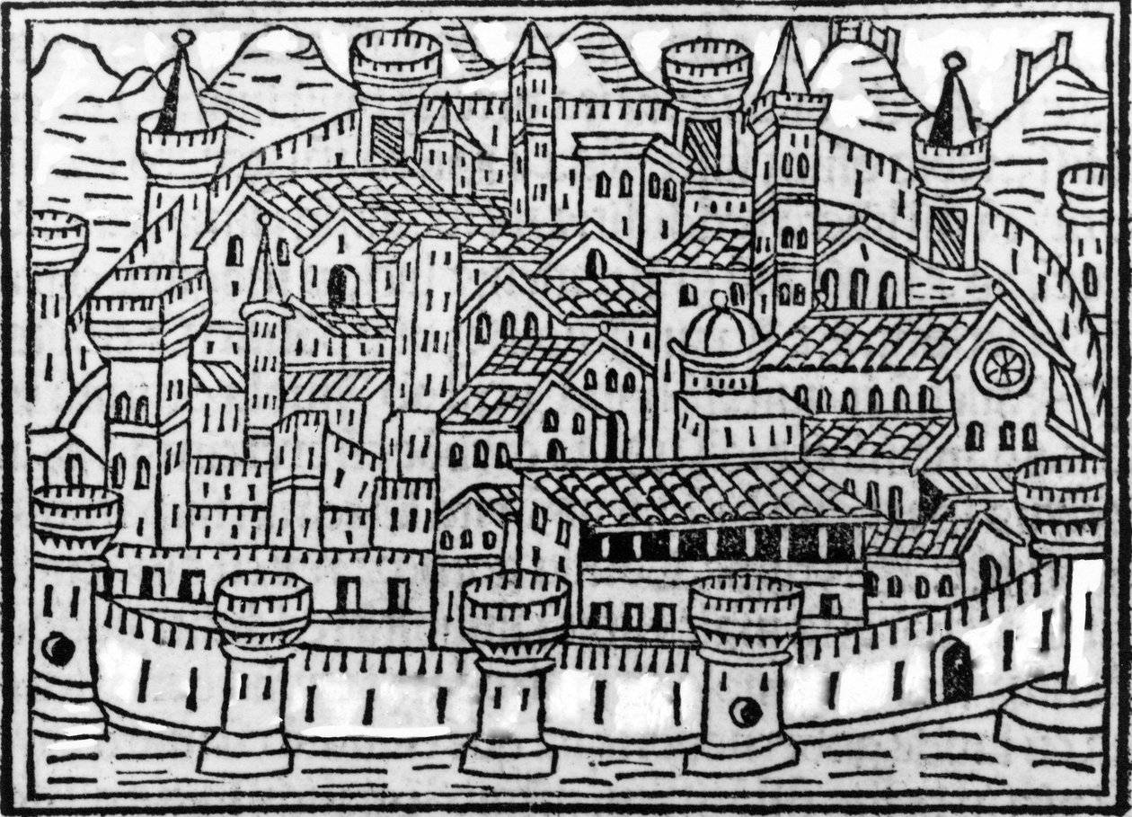 Fallal körülvett város Giacomo Filippo Foresti Supplementum Chronicarumból, 1506 alkotó: Italian School