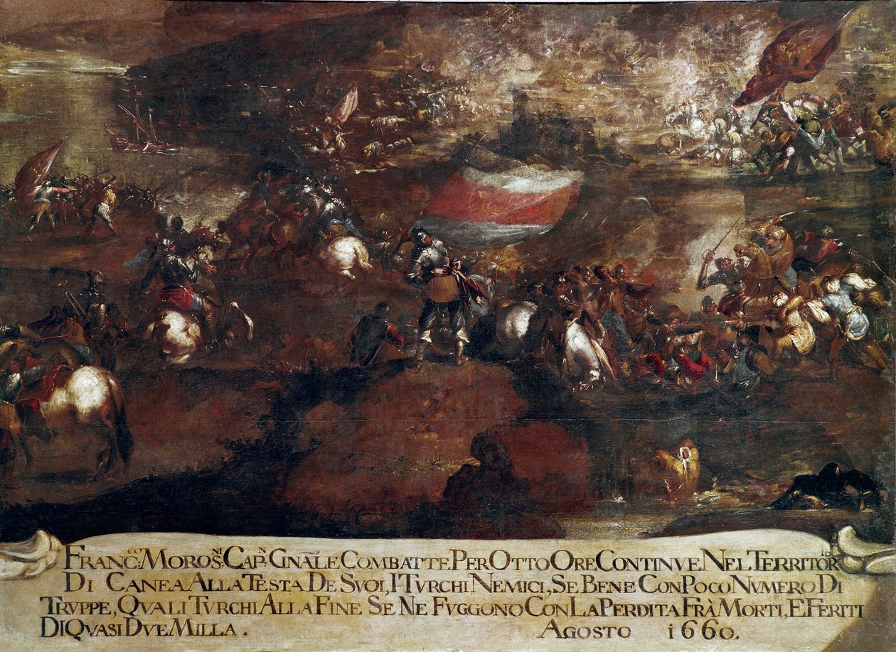 Candia háború (kréta):: "" Chania csata Francesco Morosini (1619-1694) vezetésével 1660 augusztusában" (krétai háború (1645-69): Francesco Morosini által vezetett Canea támadása 1660 augusztusában) velencei iskola alkotó: Italian School