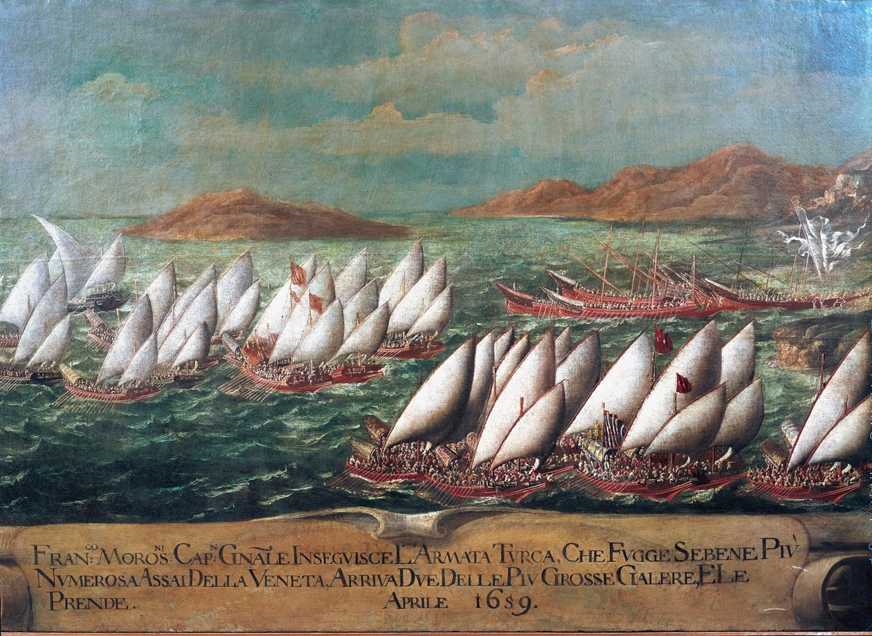 Candia háború (kréta): a velencei flotta a Francesco Morosini dózsa által vezetett hadjárat során a törökök ellen 1659-ben A velencei iskola festménye. 17. század - Velence, Correr Múzeum alkotó: Italian School