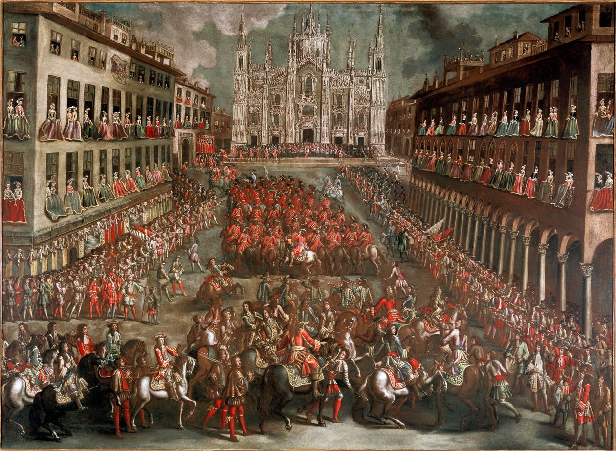 Spanyol örökösödési háború: „” Ünnepségek, amelyeket Eugenio di Savoia herceg (1663-1736) milánói belépésének megünneplésére szerveznek a győztes hadsereg élén az 1706. szeptember 24-i torinói csata után” (ünnep a Piazza Duomo-n Milánóban a győztesért alkotó: Italian School