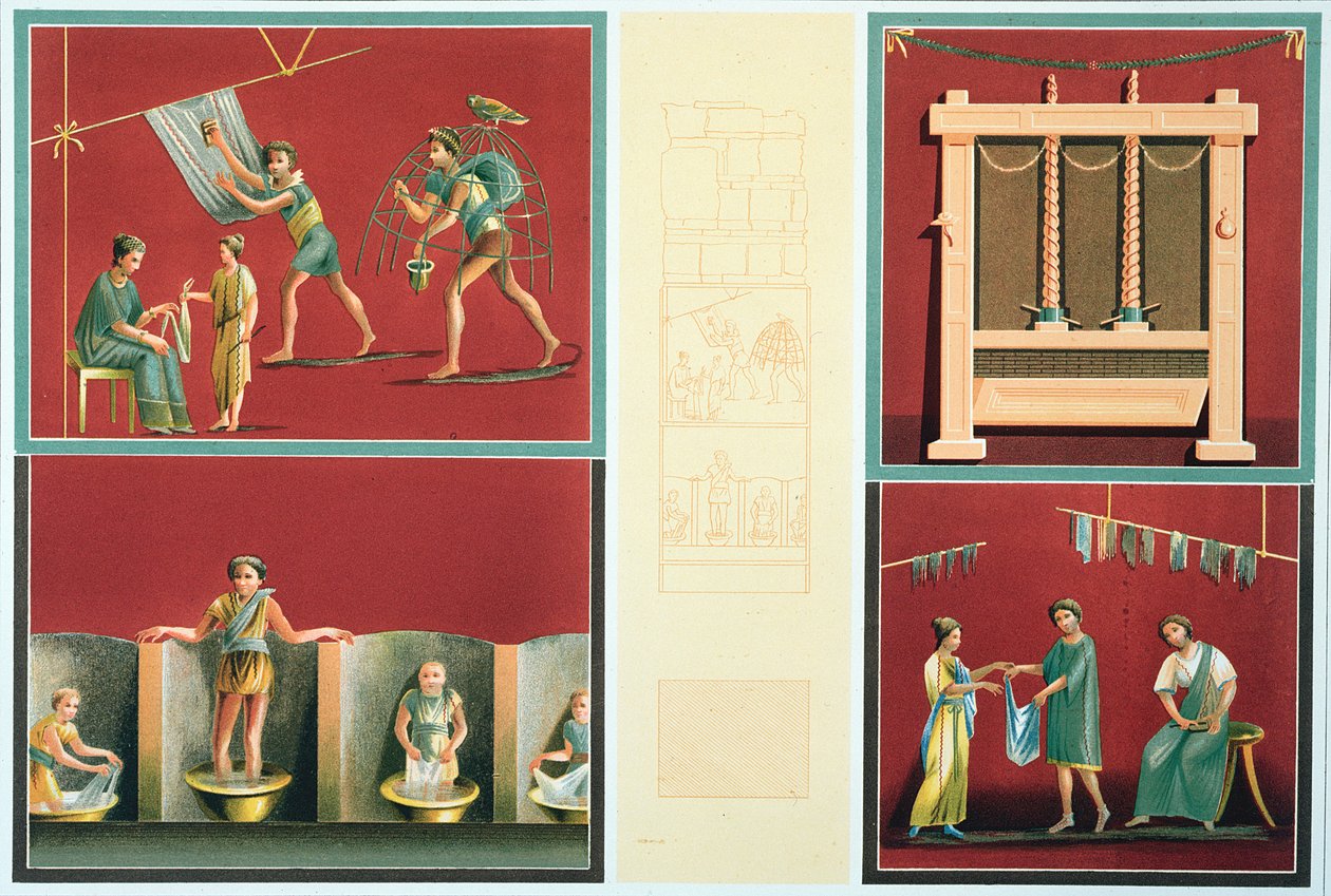Mosás és ruhaszárítás, másolat egy pompei freskóról alkotó: Italian School