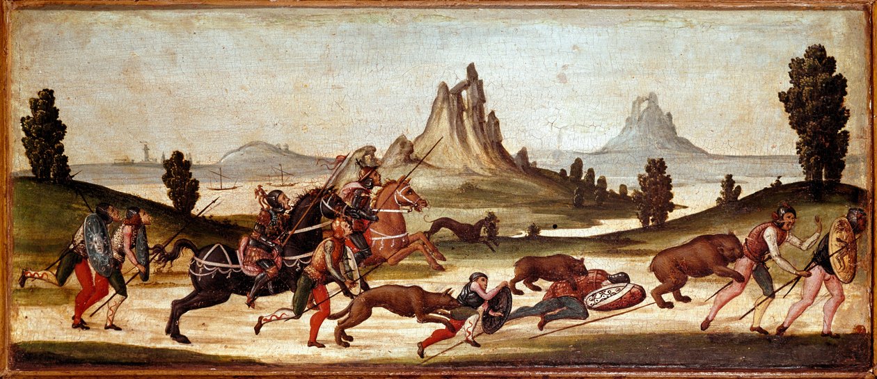 Vadászati vadászati helyszín A vadászokat megharapják az állatok. A sienai iskola festménye. 15. századi Firenze, Museo Nazionale del Bargello alkotó: Italian School