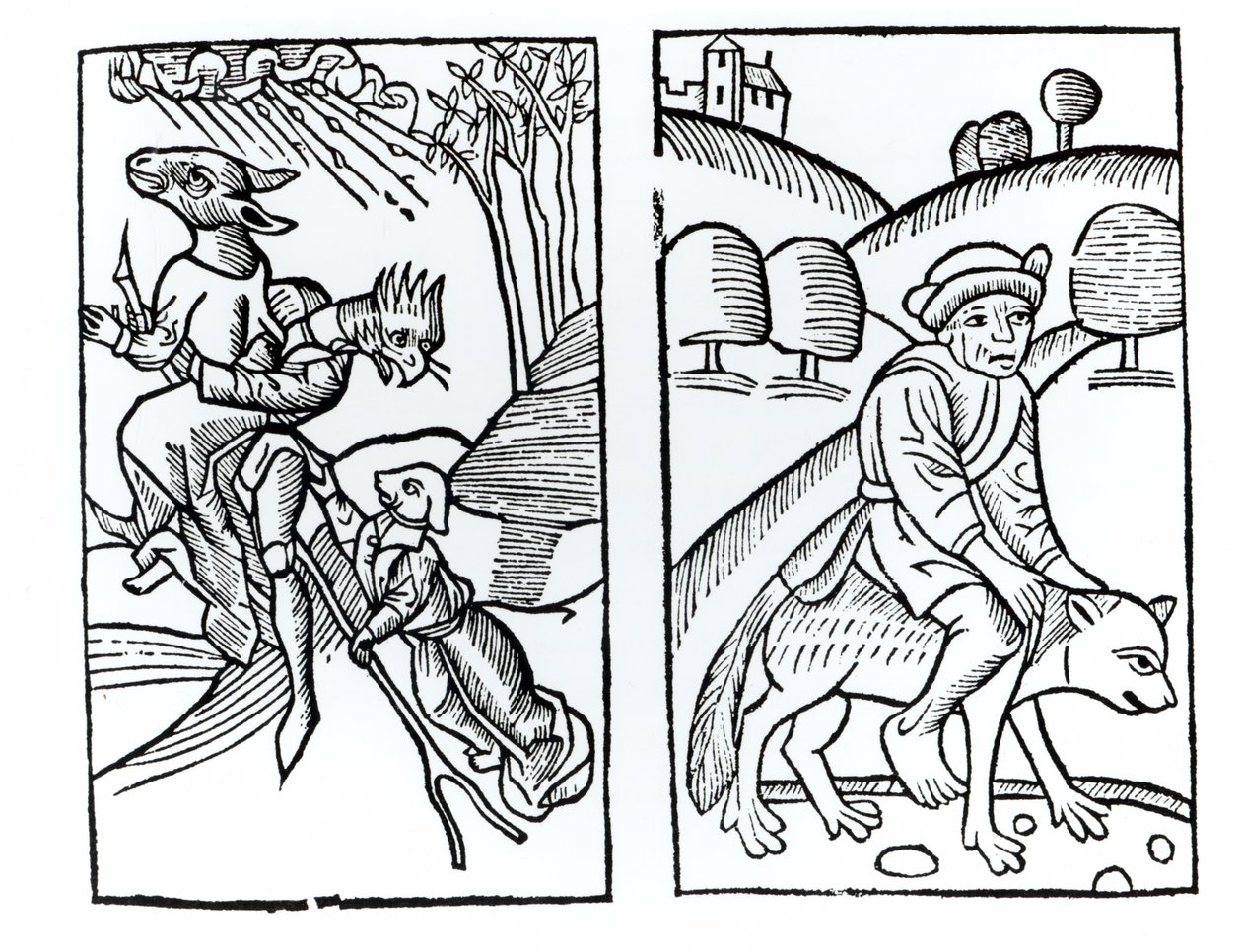 Seprűnyélen lovagló állatoknak álcázott boszorkányok (balra) és farkason lovagló hím boszorkányok (jobbra), M. Guaccius atya Compendium Maleficarum illusztrációinak másolatai, Milánó 1608, a Varázstörténetben használtak alkotó: Italian School