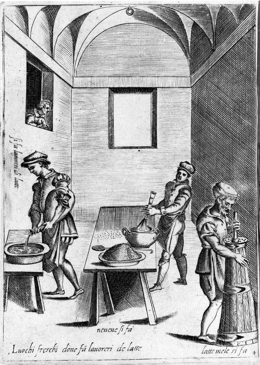Munkatej (tejtermék) hűvös helyen. Metszet az „Operából”, 6 részre osztott gasztronómiai könyv, Bartolomeo Scappi, V. Pius pápa velencei szakácsa. alkotó: Italian School