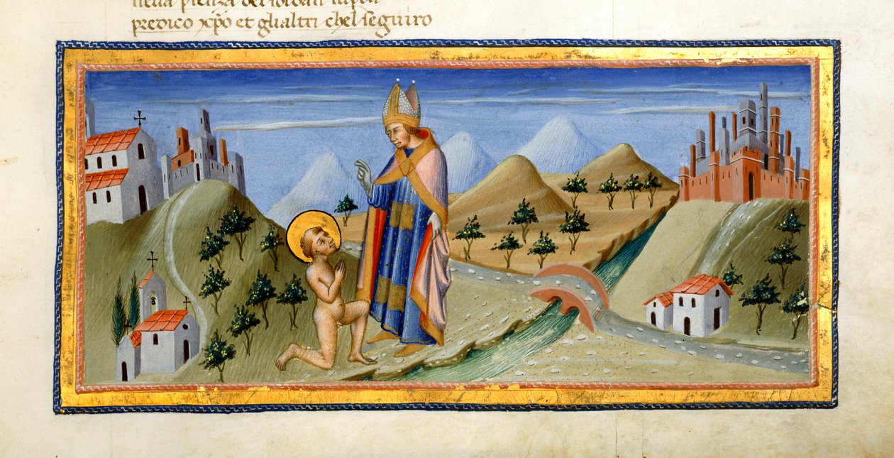 Yates Thompson 36, f.149, Szent Ferenc meztelen alakja Assisi püspökének áldásában részesül Dante Alighieri „Divina Commedia” című művéből, 1444-50 körül (vellum) alkotó: Italian School