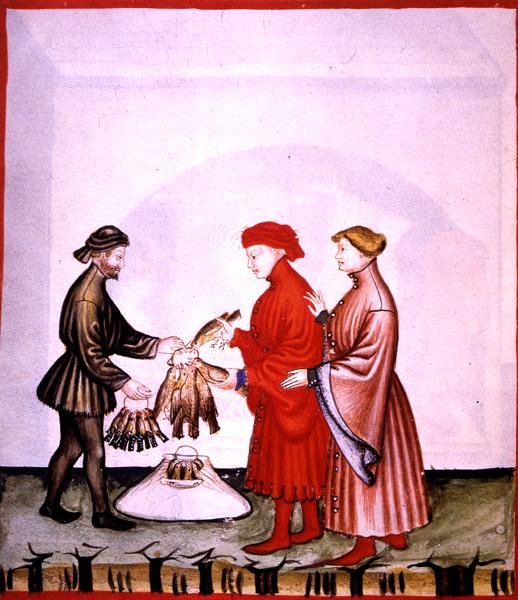 dol.106v Kismadarak és rigók, illusztráció a „Tacuinum Santiatis Codex Vindobonensis”-ből (vellum) alkotó: Italian School