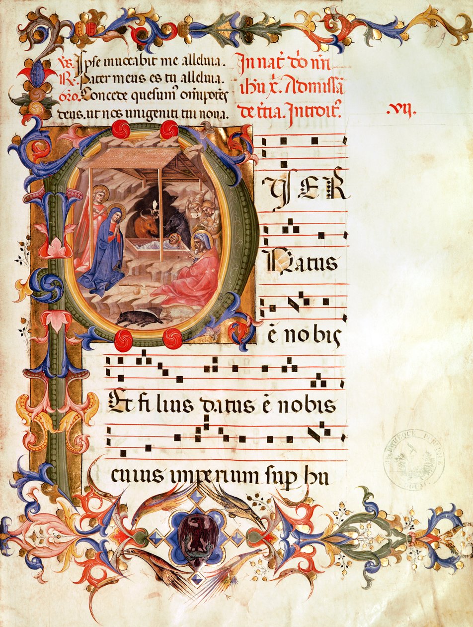 ds 1171 fol.9 Történelmi "P" kezdőbetű, amely a születést ábrázolja, fokozatos és antifónából (vellum) alkotó: Italian School
