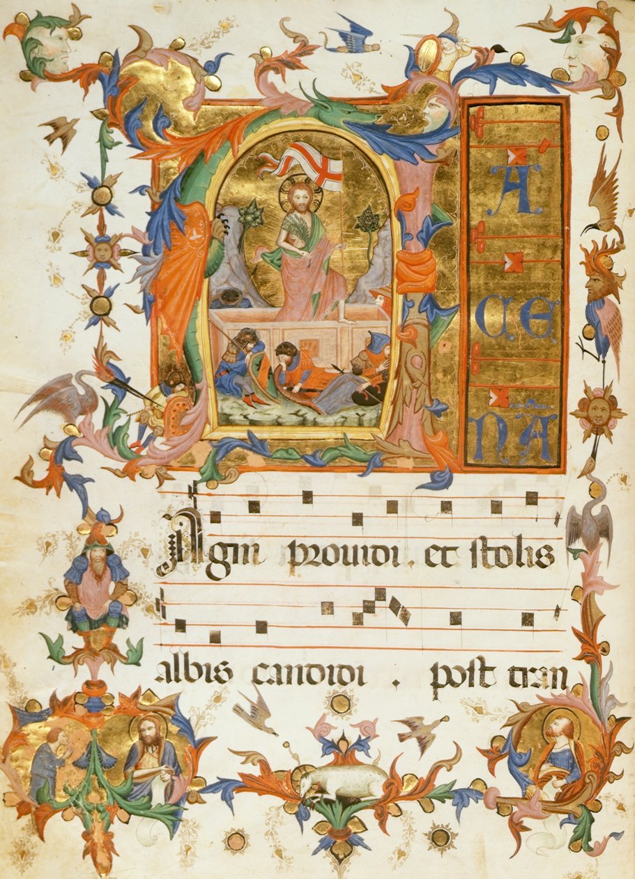f.80v The Resurrection, a „Szent Megváltó kolostorának himnuszkönyvéből”, Siena 1415 (vellum) alkotó: Italian School