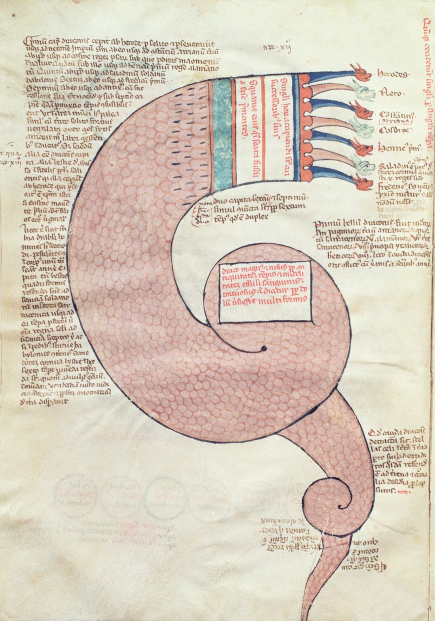 ms.ASPi, C.M 15, c.3v Szövegoldal egy apokaliptikus sárkánnyal, a Liber Figurarum e le Proemisssiones Gioachimitiche-ből, Joachim of Flora (c.1132-1202) alkotó: Italian School