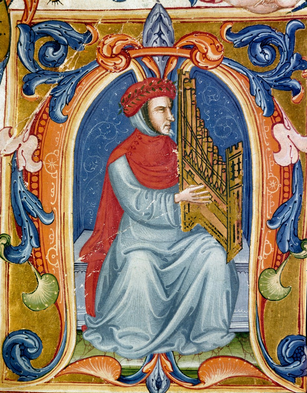 Francesco Landini vagy Landino orgonán játszó portréja (1325 1397) olasz zeneszerző, orgonista, énekes, költő. A XV. századi Codex Squarcialupi miniatúrája. Firenze, Library Laurenziana, Ms. Med. Haver. 87. alkotó: Italian School