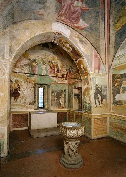 a keresztelőkápolna belseje, Szent János életének jeleneteit ábrázoló freskó, Tommaso Masolino da Panicale (1383-kb. 1447) (freskó) alkotó: Italian School