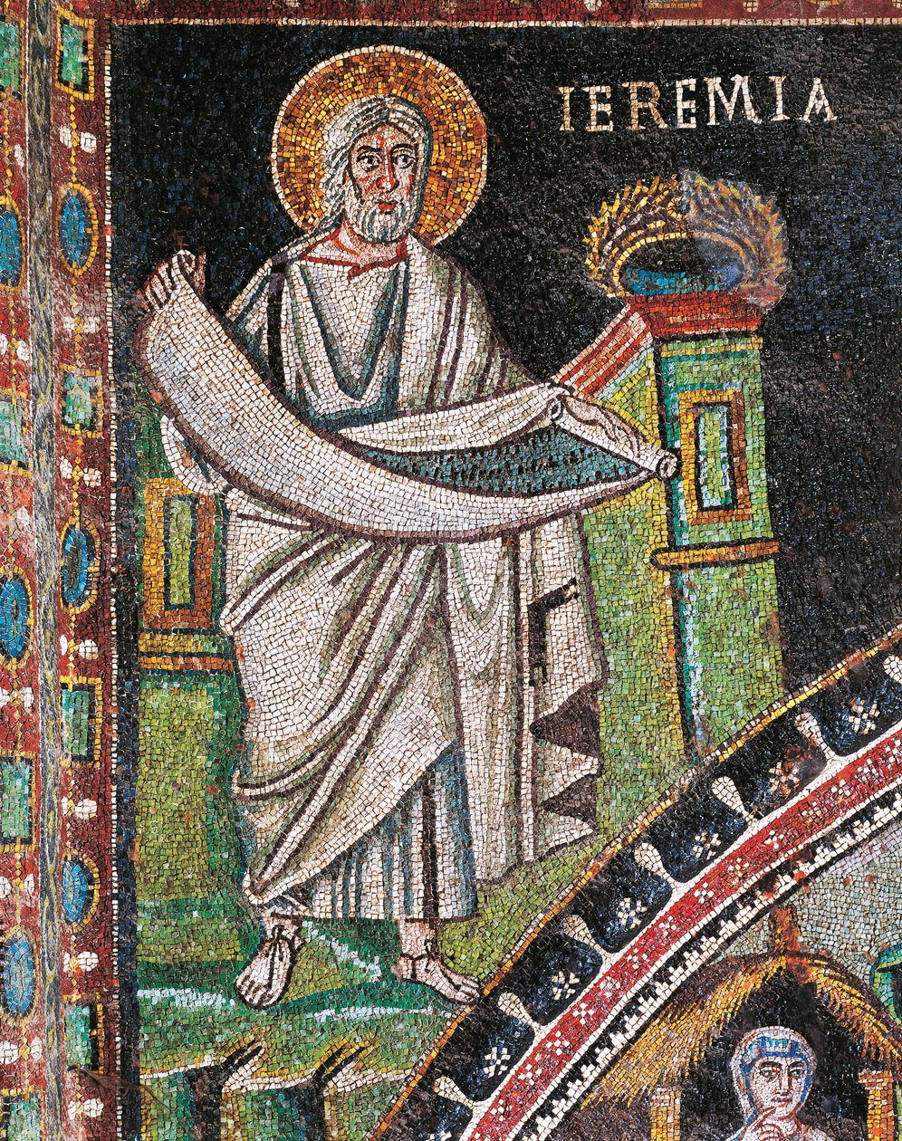 Jeremiás próféta, mozaik, a lunetától balra, a presbitérium északi fala, a San Vitale-bazilika (UNESCO világörökségi lista) alkotó: Italian School