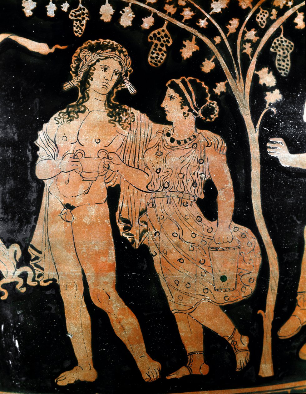 A pugliai (Puglia) Ruvo-ból származó váza részlete fiatal házaspárt ábrázol. Egy csésze bort tartanak a kezükben. Kr.e. 4. század. Museo Archeologico Nazionale Nápoly alkotó: Italic