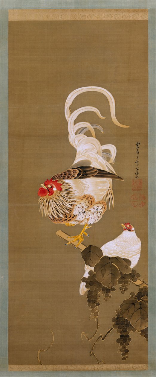 Tyúk és kakas szőlővel, 1792. alkotó: Ito Jakuchu