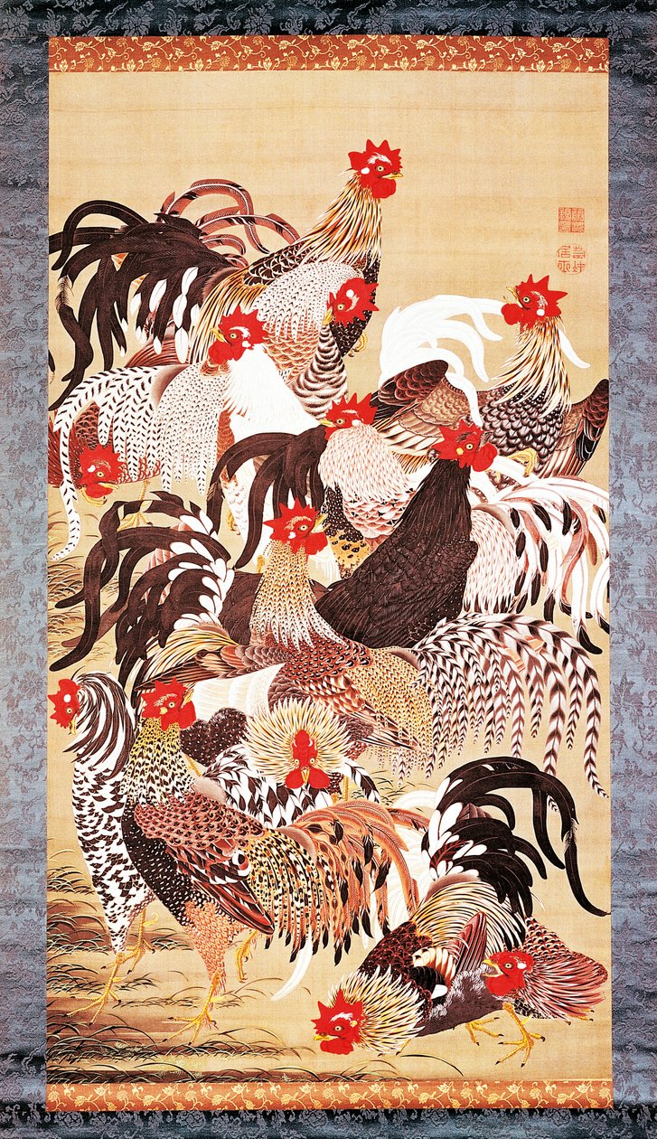Tizenhárom kakas, a Doshoku Sai-e (Az élőlények színes birodalma) Edo-korszakból. 1757-66 körül (színes selyemre) alkotó: Ito Jakuchu