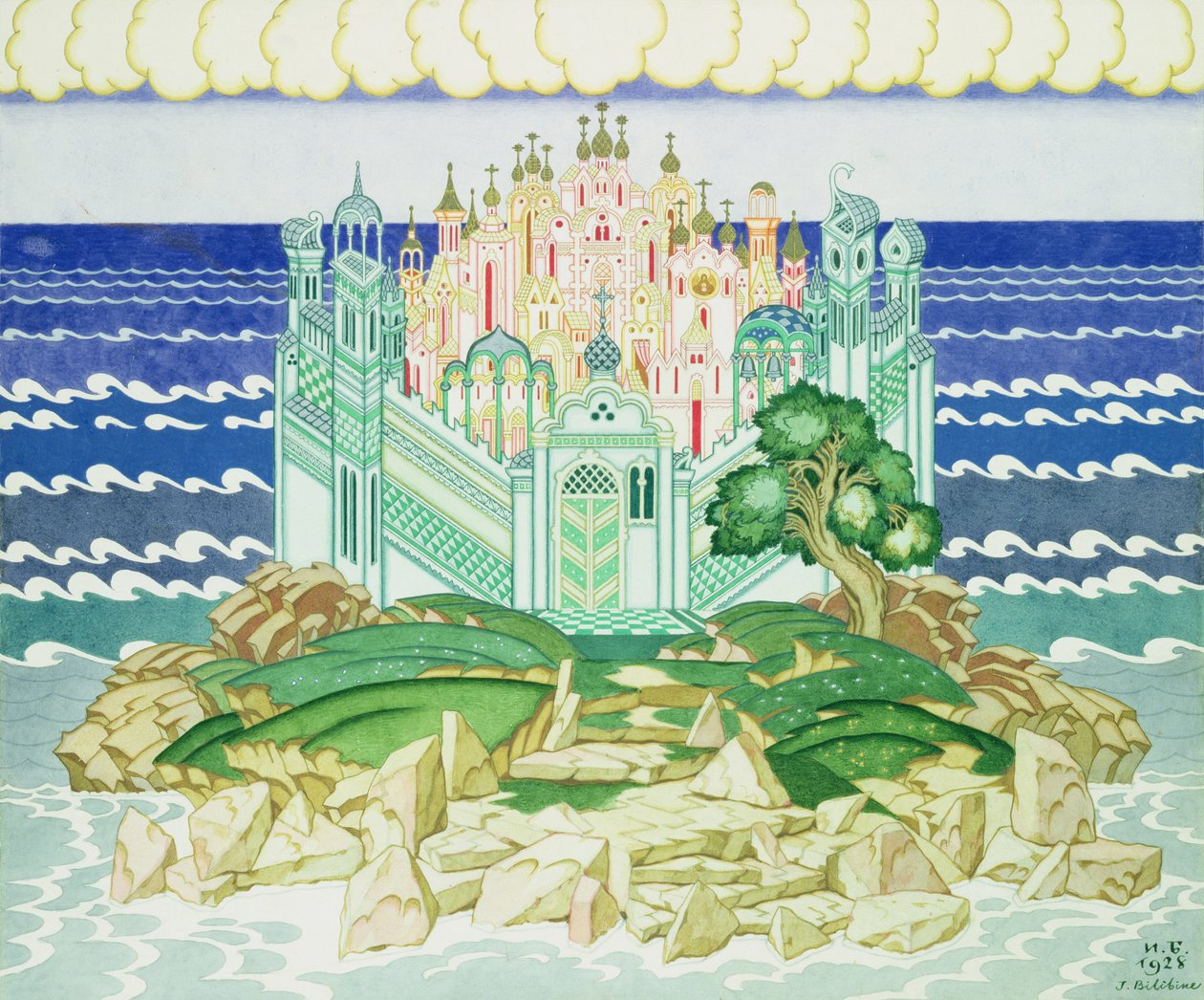 Rimszkij-Korszakov „Grad Kitezh” című operája 1928-as párizsi előadásának dekorációja, 1928 alkotó: Ivan Yakovlevich Bilibin