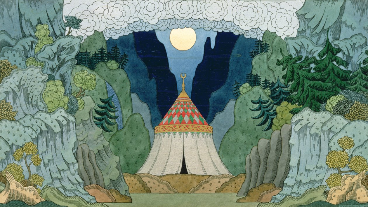 Vázlat Nyikolaj Rimszkij-Korszakov (1844-1908) "Az aranykakas" című operájához, 1909. alkotó: Ivan Yakovlevich Bilibin