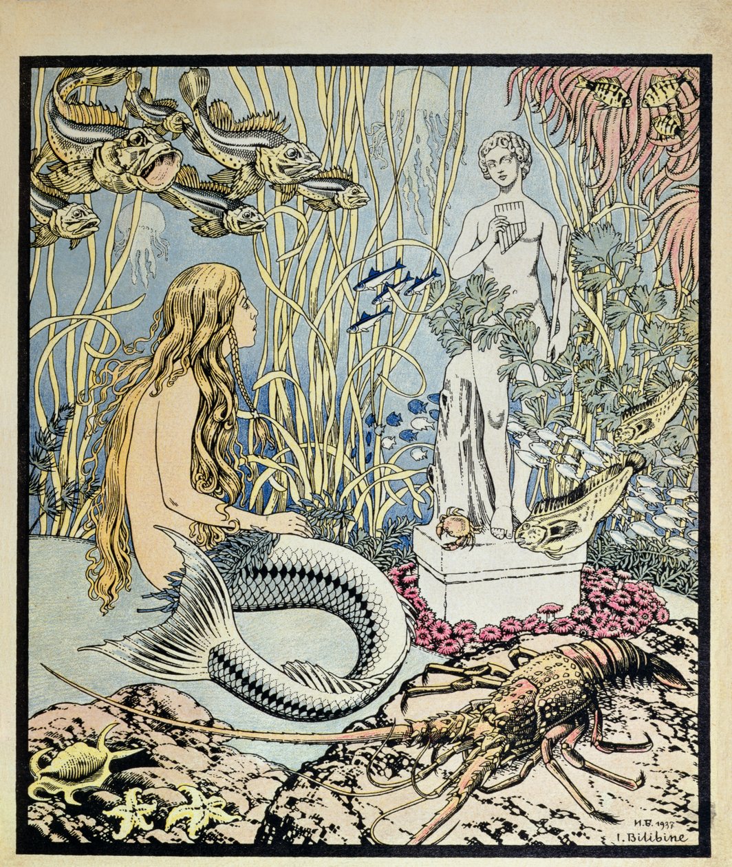 A kis hableány egy szobor előtt a tengerben, Hans Christian Andersen (1805-75) meséjének illusztrációja, a Flammarion által 1937-ben kiadott "Album du Pere Castor" című kötetből (színes metszet). alkotó: Ivan Yakovlevich Bilibin