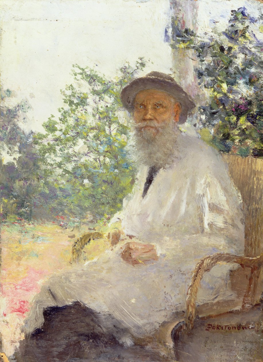 Lev Nyikolajevics Tolsztoj (1828-1910) portréja a teraszon, 1905 alkotó: Ivan Pokitonov