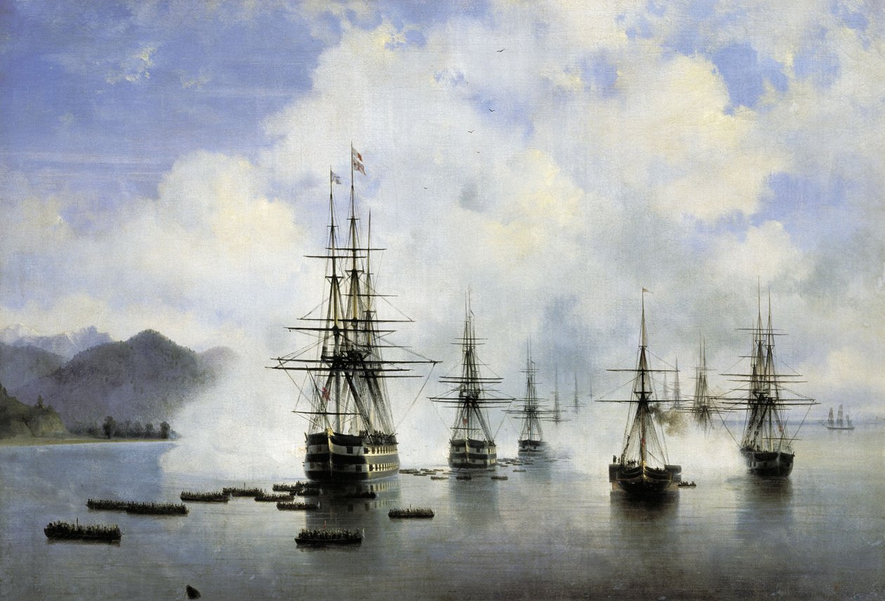 Oroszul: "N. N. Raevskyi partraszállása Szubasinál" The Landing of N. N. Raevskyi at Subashi alkotó: Ivan Aivazovsky