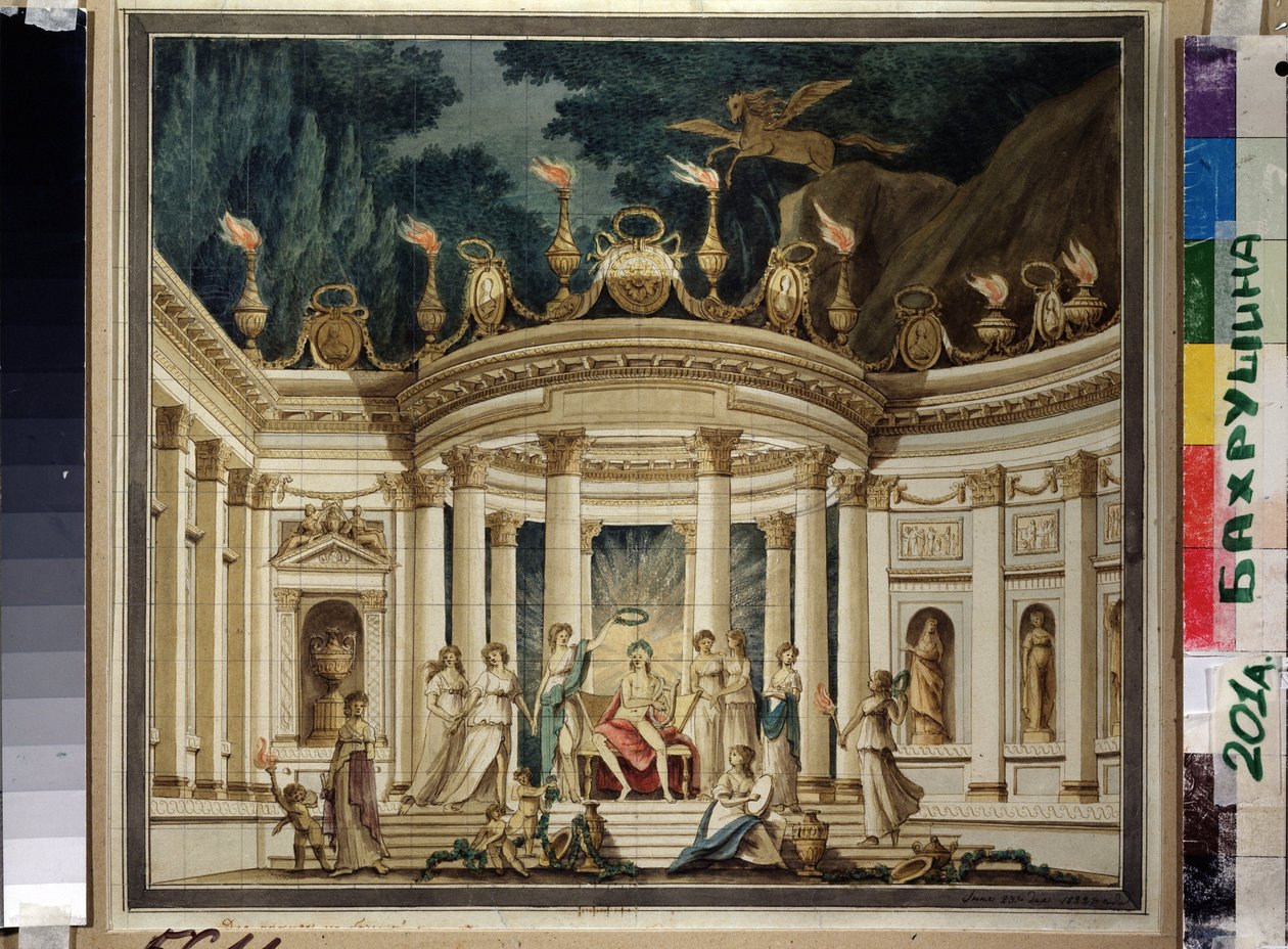 Le Triomphe des Muses. Alexander Aljabyev (1787-1851) és Alexis Verstsovsky (1799-1863) musical prologue projektje. (Múzsák diadala. Függönytervezés A.Aljabjev és A.Versztovszkij zenei prológusához). Decor antiquisant avec Apollon, alkotó: Ivan Alekseevich Ivanov
