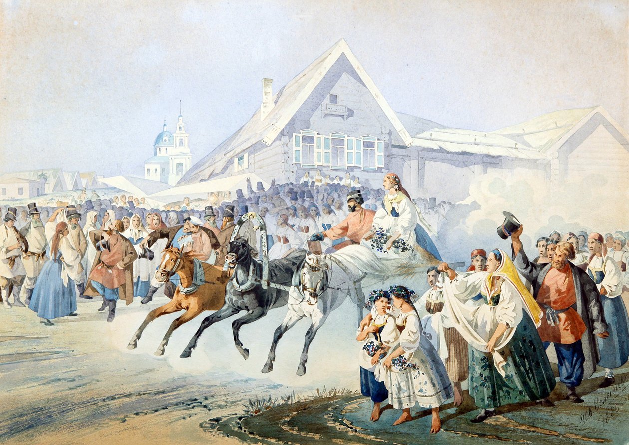 Házassági jelenet - Golyshev esküvői jelenete, Ivan Alekszandrovics (1838-1896), - Litográfia, akvarell, 33,5x47 - Magángyűjtemény alkotó: Ivan Alexandrovich Golyshev