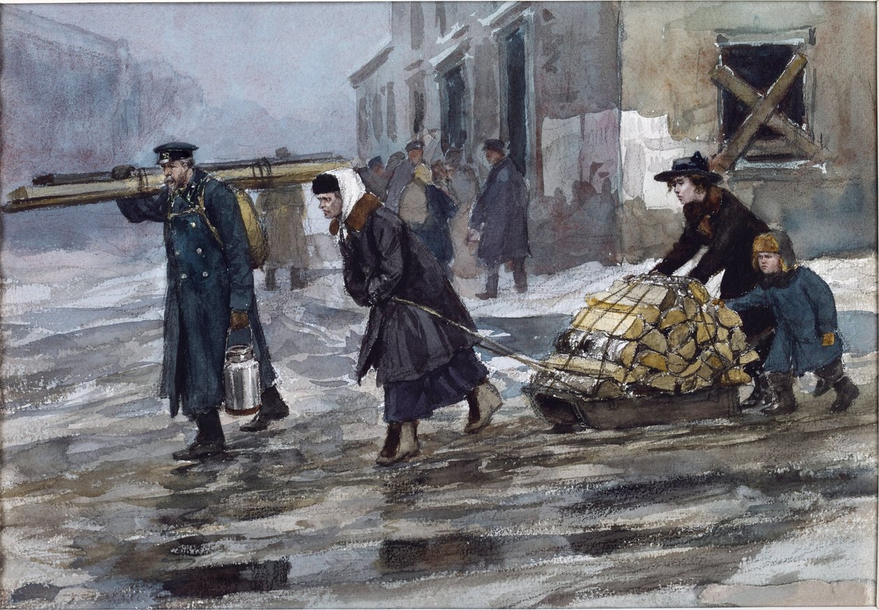 Vlagyimir Ivan Alekszejevics (1869-1947) egy mérnök családja húzza haza az üzemanyagot. Akvarell, gouache, papír alkotó: Ivan Alexeyevich Vladimirov