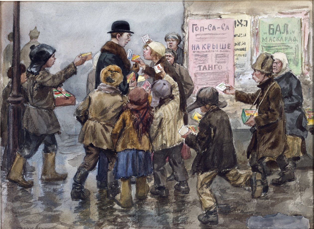 Vlagyimir Ivan Alekszejevics (1869-1947) cigarettaárusok által megtámadt külföldit Petrográdban. Akvarell, gouache, papír alkotó: Ivan Alexeyevich Vladimirov