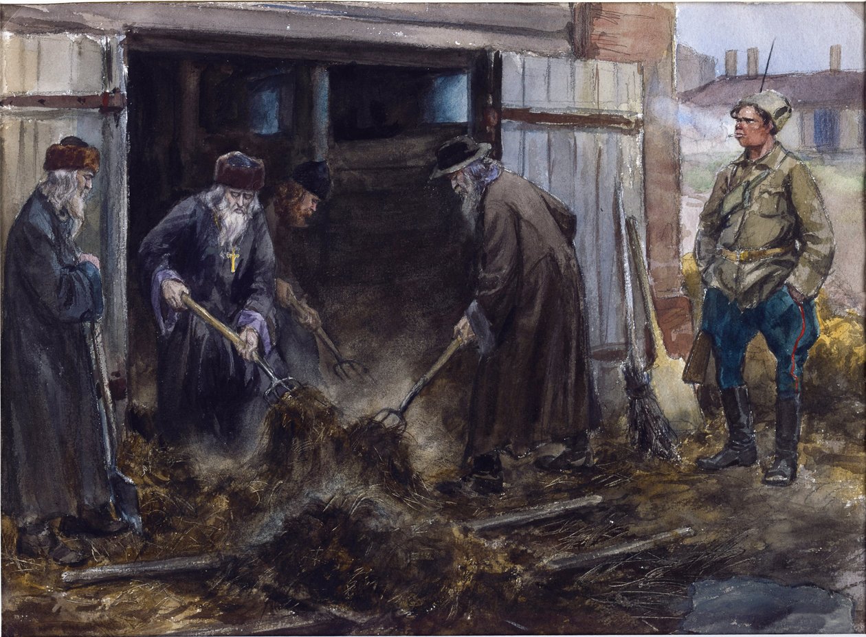 Orosz papok egy csoportját Vladimirov, Ivan Alekszejevics (1869-1947) kényszerítette a barakk istállójának kitakarítására. Akvarell, gouache, papír alkotó: Ivan Alexeyevich Vladimirov