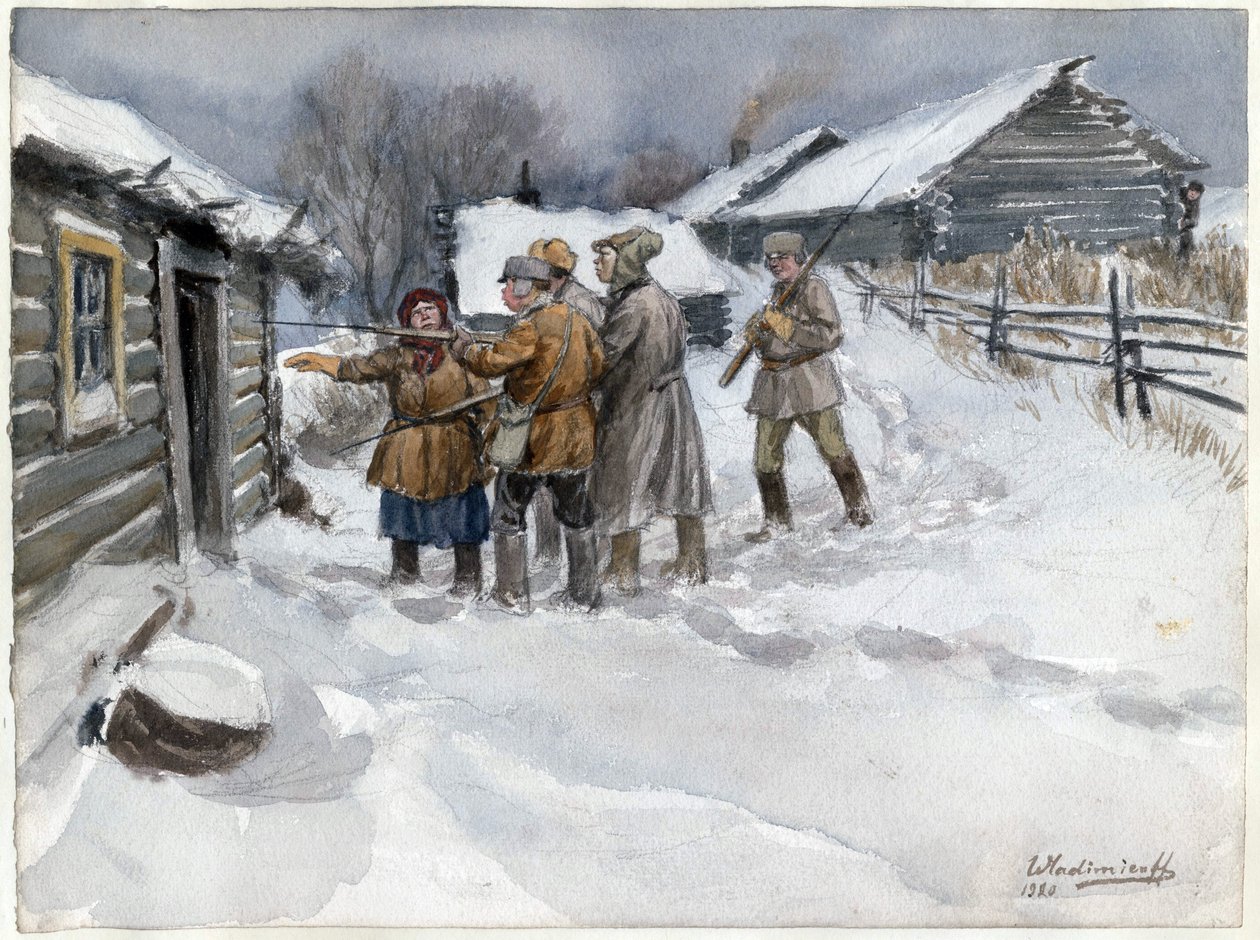 Avant la perquisition et la saisie - Kutatás és lefoglalás előtt (az orosz forradalom akvarellsorozatból) - Vladimirov, Ivan Alekszejevics (1869-1947) - 1920 - Akvarell papíron - 25,6x34,3 - Magángyűjtemény alkotó: Ivan Alexeyevich Vladimirov
