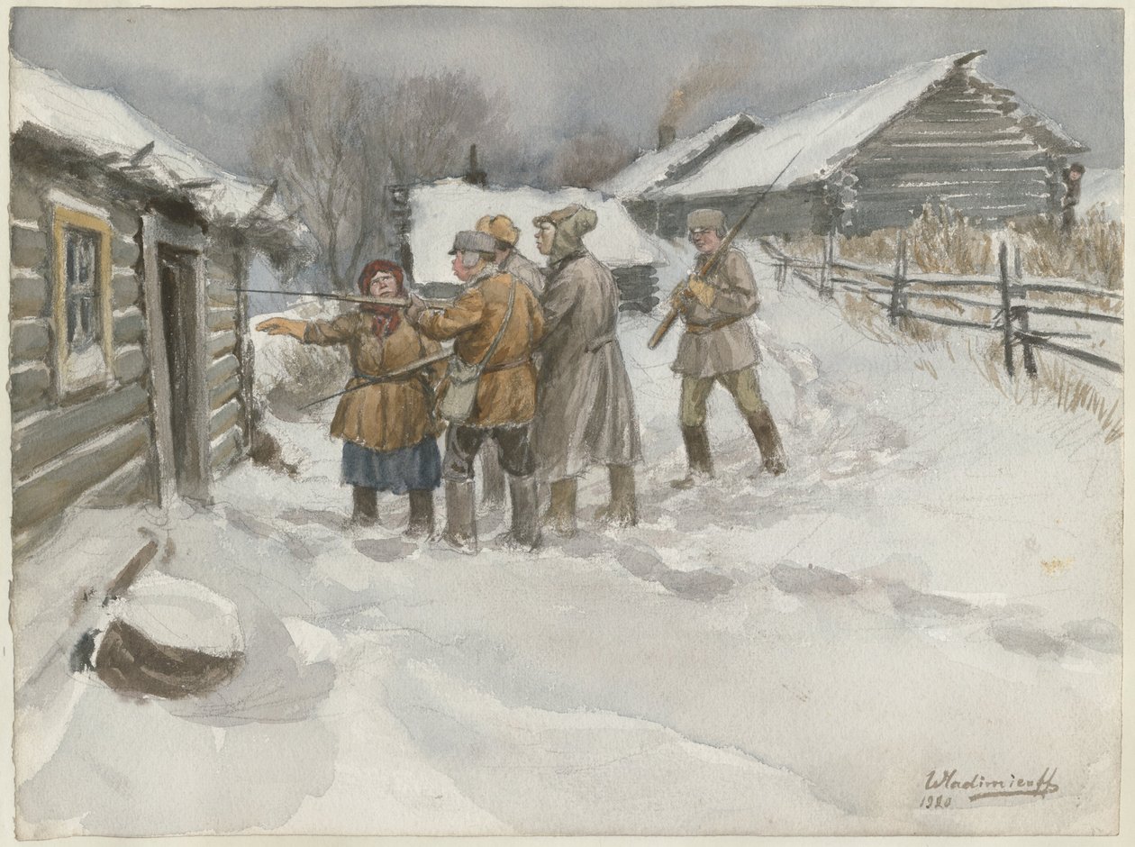 Kutatás és lefoglalás előtt az akvarellsorozatból Orosz forradalom, 1920 alkotó: Ivan Alexeyevich Vladimirov