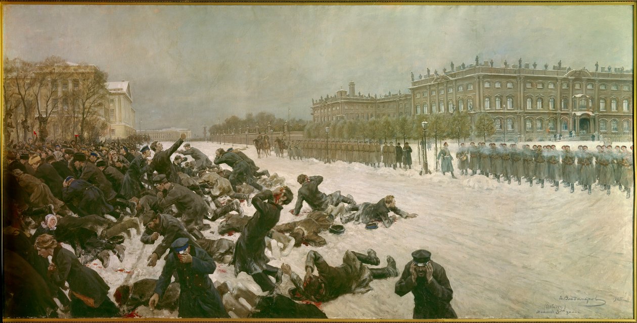 Az 1905-ös orosz forradalom kezdete: „” Lövöldözés a Palota téren január 22-én alkotó: Ivan Alexeyevich Vladimirov