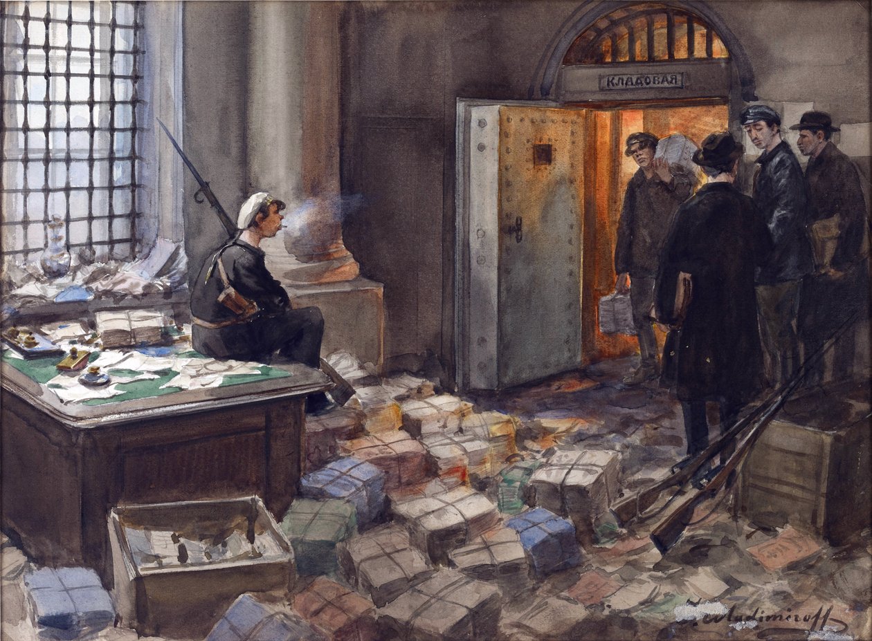 Vlagyimir, Ivan Alekszejevics (1869-1947) kötvényelkobzása a petrográdi Wawelberg Bankban. Akvarell, gouache, papír alkotó: Ivan Alexeyevich Vladimirov