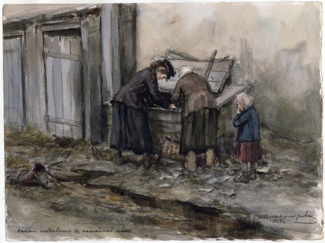 Két nő és egy gyerek az étel után kutakodnak a kukában - Két nő és egy gyerek a kukában kutakodnak (az orosz forradalom akvarellsorozatból) - Vladimirov, Ivan Alekszejevics (1869-1947) - 1919 - Akvarell papíron - 25 ,8x34 ,5 - P alkotó: Ivan Alexeyevich Vladimirov