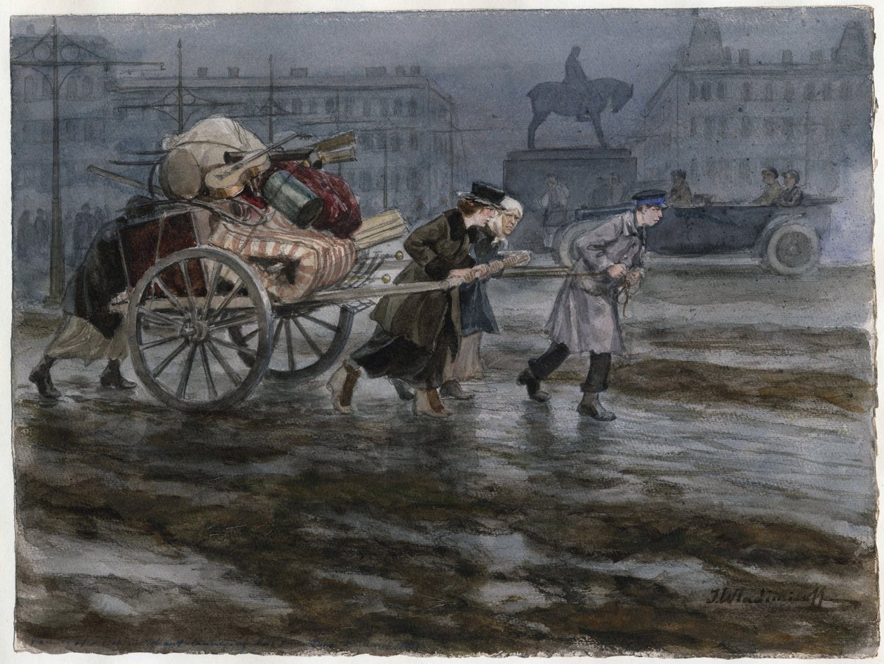 Famille demenageant ses affaires dans une charrette a bras - Család mozgatja a holmiját a kocsin (az orosz forradalom akvarellsorozatból) - Vladimirov, Ivan Alekszejevics (1869-1947) - 1917-1918 - Akvarell papíron - 25,9x34,3 - Private Collec alkotó: Ivan Alexeyevich Vladimirov