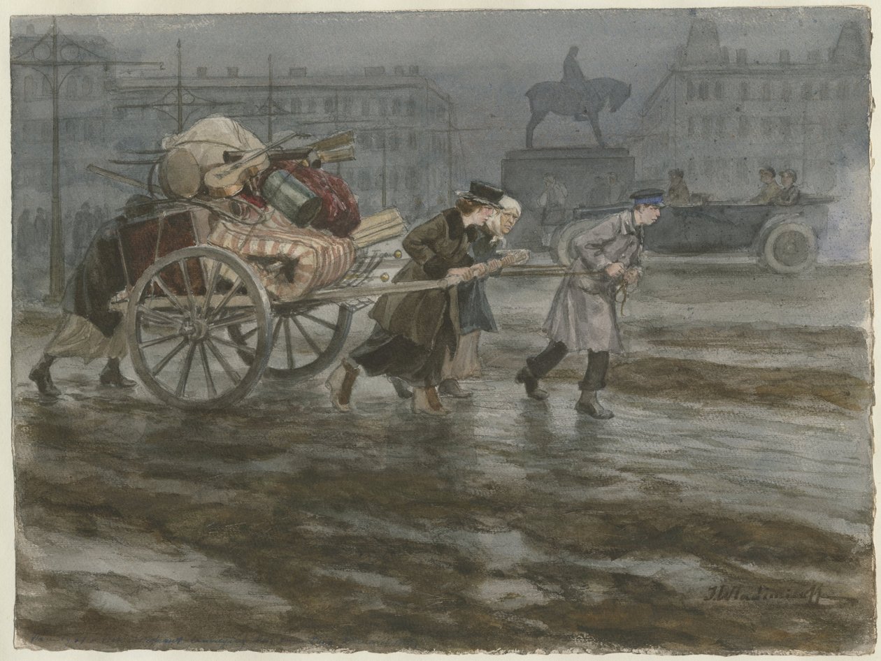 A család kocsin költözteti holmiját az akvarell sorozatból Orosz forradalom, 1917-1918 alkotó: Ivan Alexeyevich Vladimirov