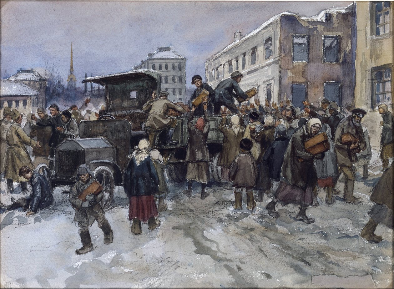 Éhes munkások Petrográdban, akik kenyeret raboltak egy katonai teherautóból, Vladimirov, Ivan Alekszejevics (1869-1947). Akvarell, gouache, papír alkotó: Ivan Alexeyevich Vladimirov