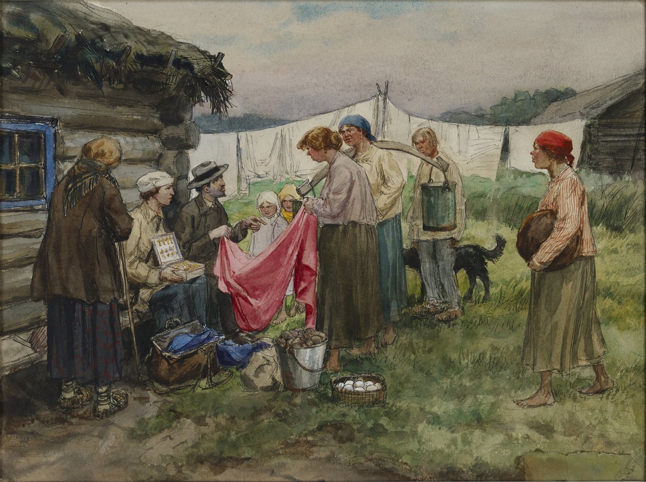Éhes évek Petrográdban. Vlagyimir Ivan Alekszejevics (1869-1947) árut cserél élelmiszerre egy vasútállomás melletti faluban. Akvarell, gouache, papír alkotó: Ivan Alexeyevich Vladimirov