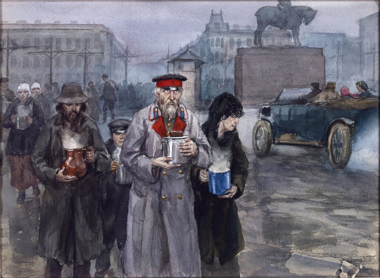 Éhes évek Petrográdban. Vlagyimir Ivan Alekszejevics (1869-1947) hazatérés a közös leveskonyhából. Akvarell, gouache, papír alkotó: Ivan Alexeyevich Vladimirov