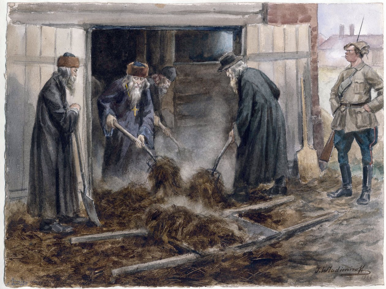 Le clerge russe pelletant le fumier - Szénát lapátoló orosz papság: 1918. szeptember (az orosz forradalom akvarellsorozatból) - Vladimirov, Ivan Alekszejevics (1869-1947) - 1918 - Akvarell papíron - 25,8x34,3 - Magángyűjtemény alkotó: Ivan Alexeyevich Vladimirov