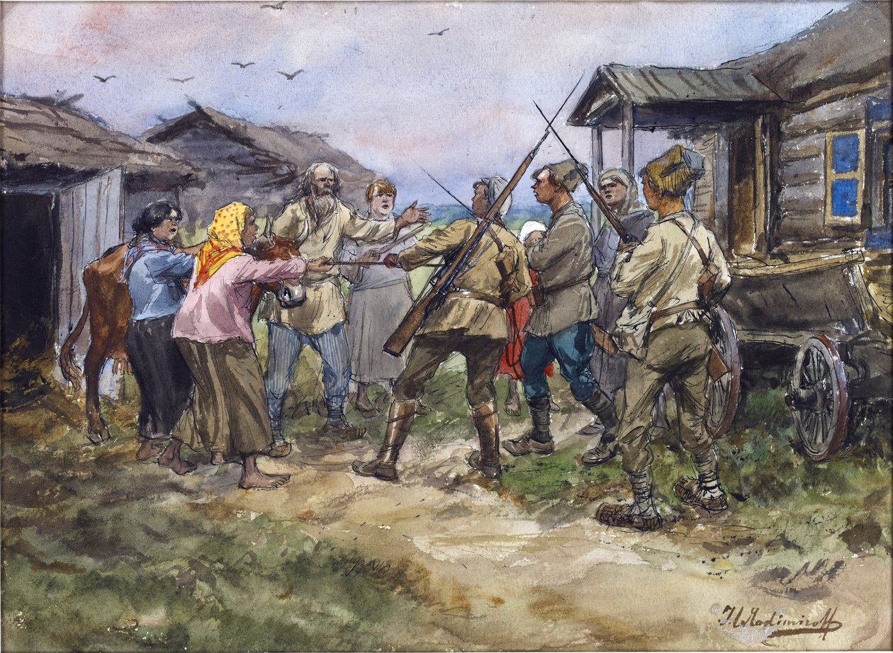 Szarvasmarhák igénylése a Vörös Hadsereg számára egy Luga melletti faluban alkotó: Ivan Alexeyevich Vladimirov