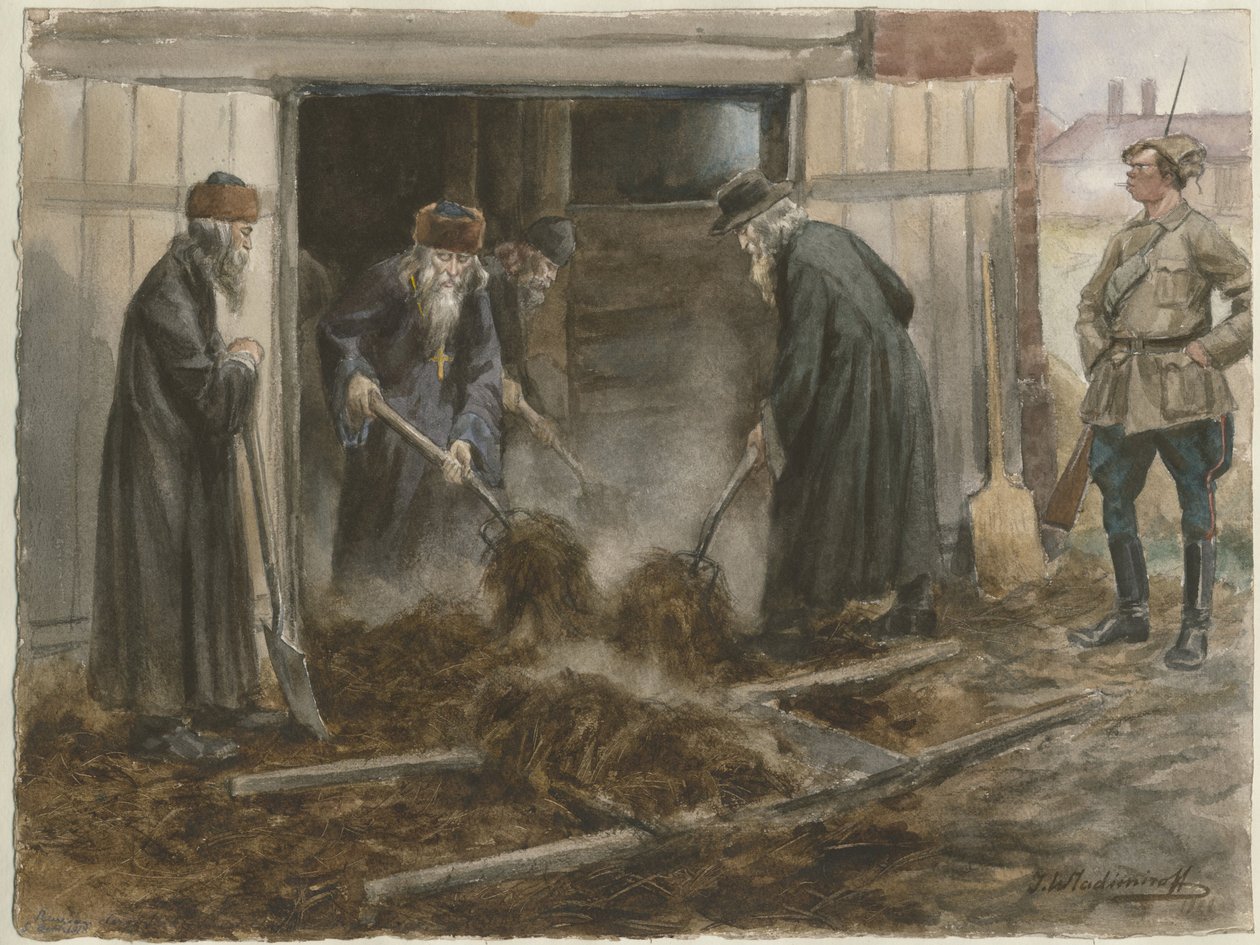 Szénát lapátoló orosz papság: 1918. szeptember az akvarellsorozatból Orosz forradalom, 19. alkotó: Ivan Alexeyevich Vladimirov