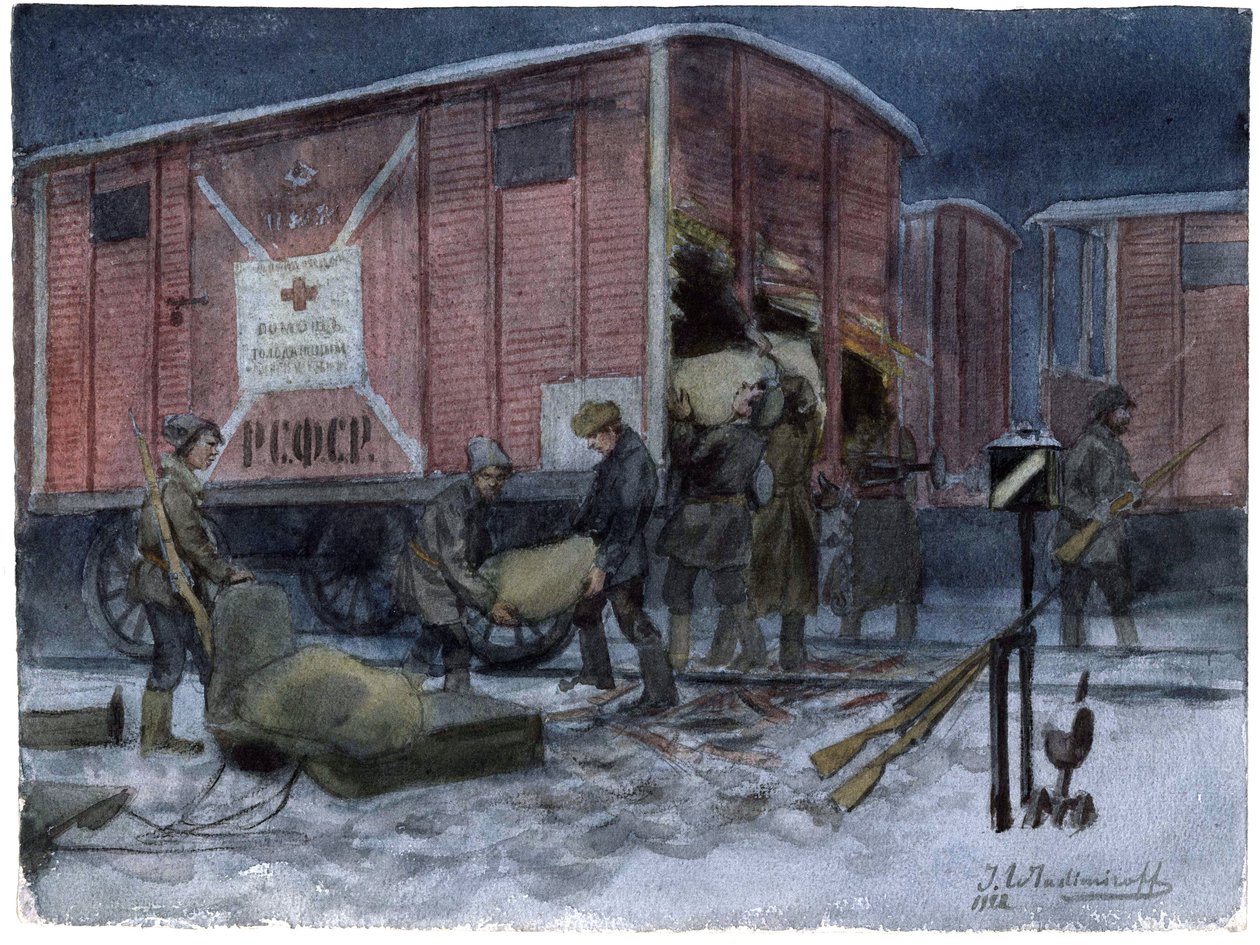 Soldats pillant un wagon de chemin de fer - Vasúti vagont kifosztó katonák (az orosz forradalom akvarellsorozatból) - Vladimirov, Ivan Alekszejevics (1869-1947) - 1922 - Akvarell papíron - 25,8x34,1 - Magángyűjtemény alkotó: Ivan Alexeyevich Vladimirov